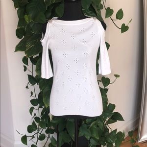 CHANEL White cold shoulder short sleeve sweater